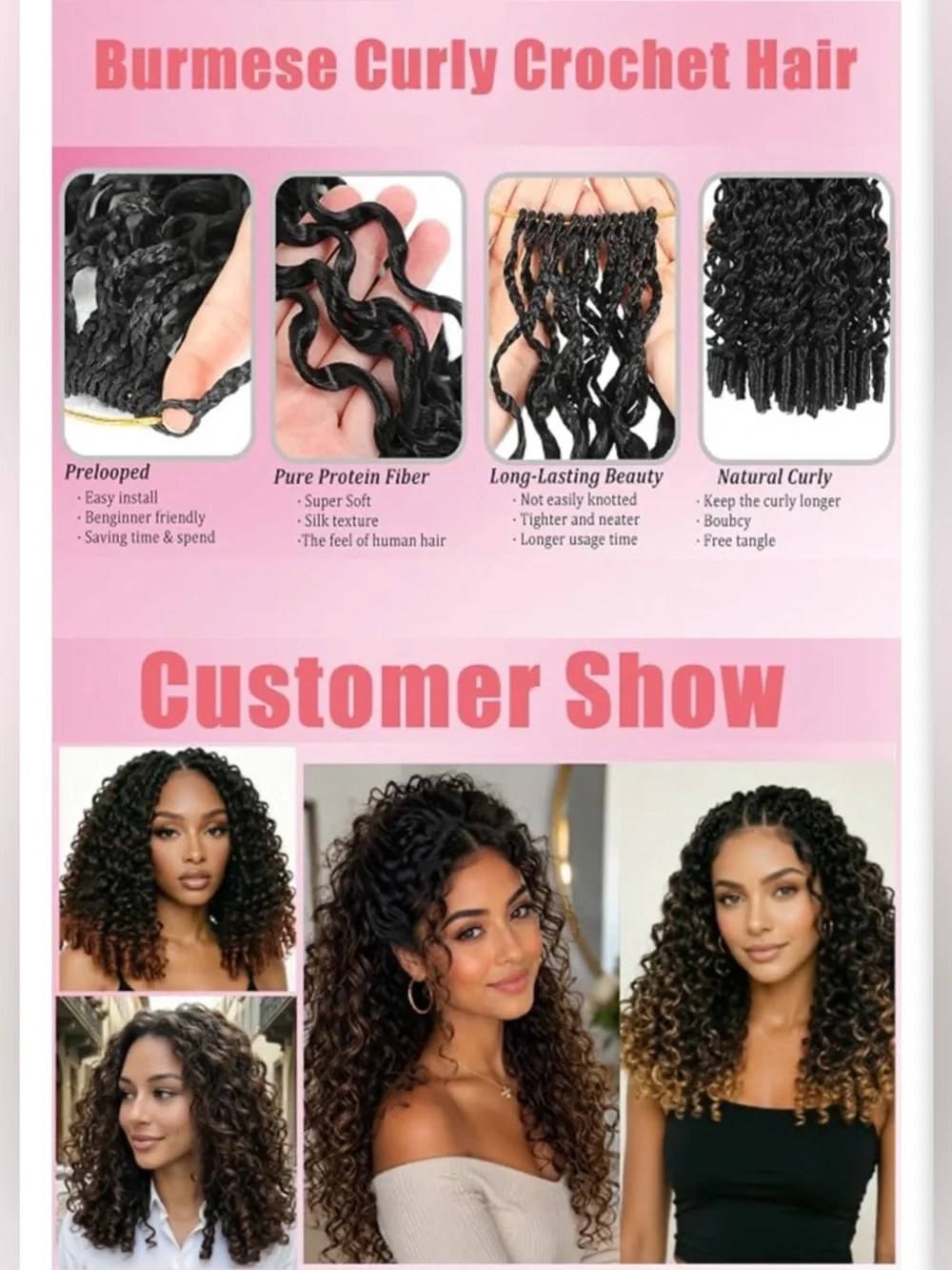 Burmese Curl with Spiral Crochet Hair Curl Ends Soft Protein Fiber- FULL HEAD